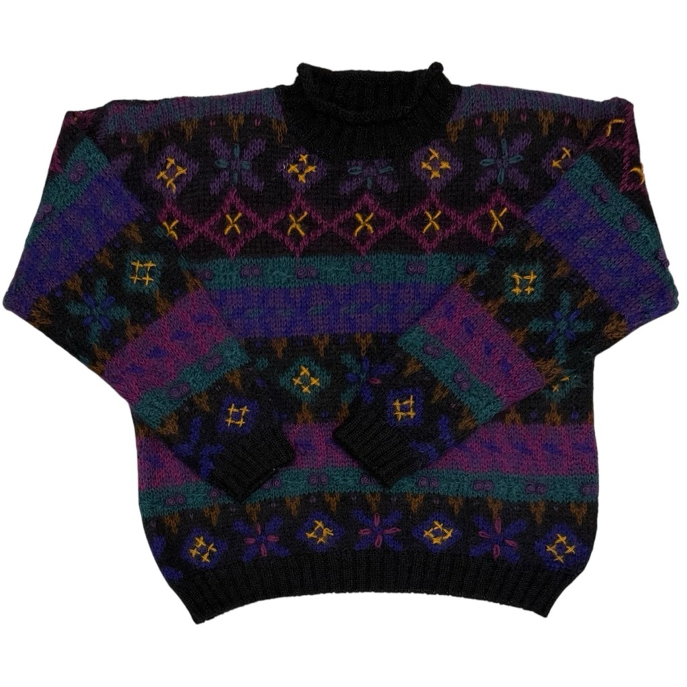 Christopher & Banks Colorful Geometric Crewneck Sweater Hand Embroidered Mohair